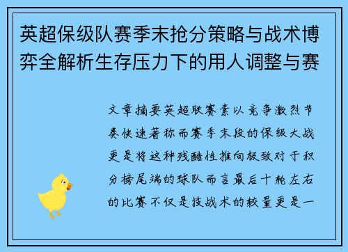 英超保级队赛季末抢分策略与战术博弈全解析生存压力下的用人调整与赛程应对